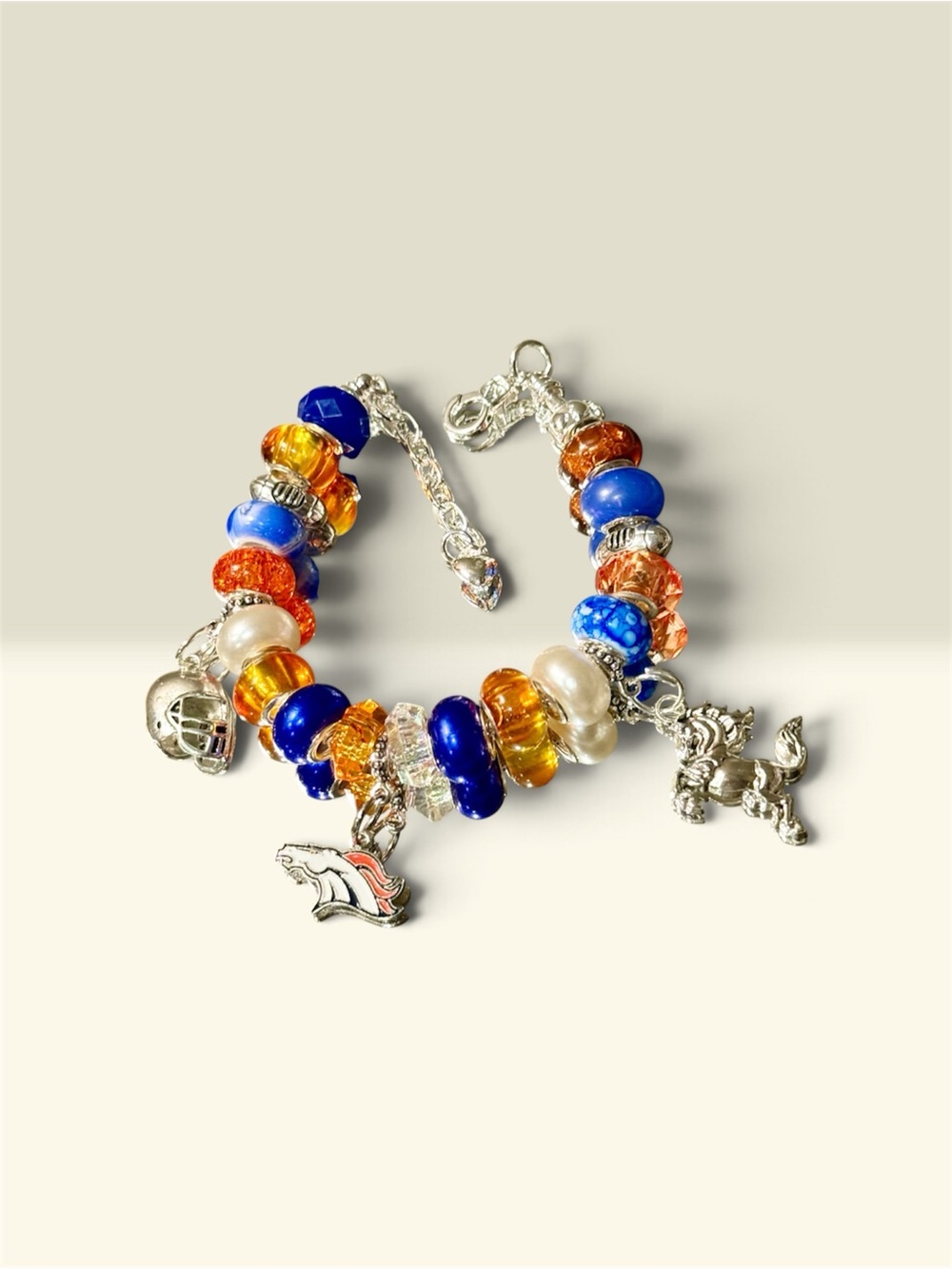 Denver Broncos beaded charm bracelet.